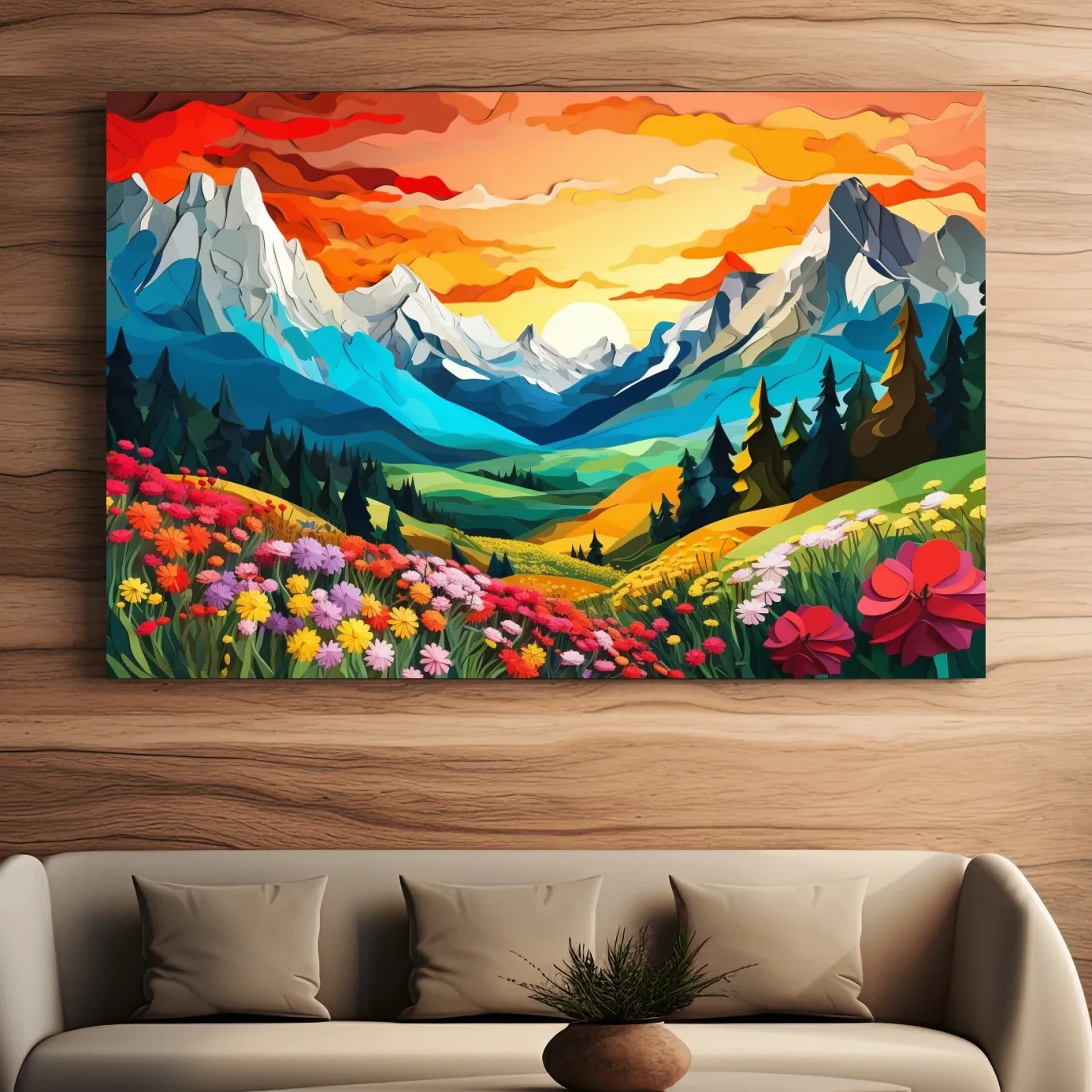 Vibrant paper cutout style art of an alpine meadow at sunset