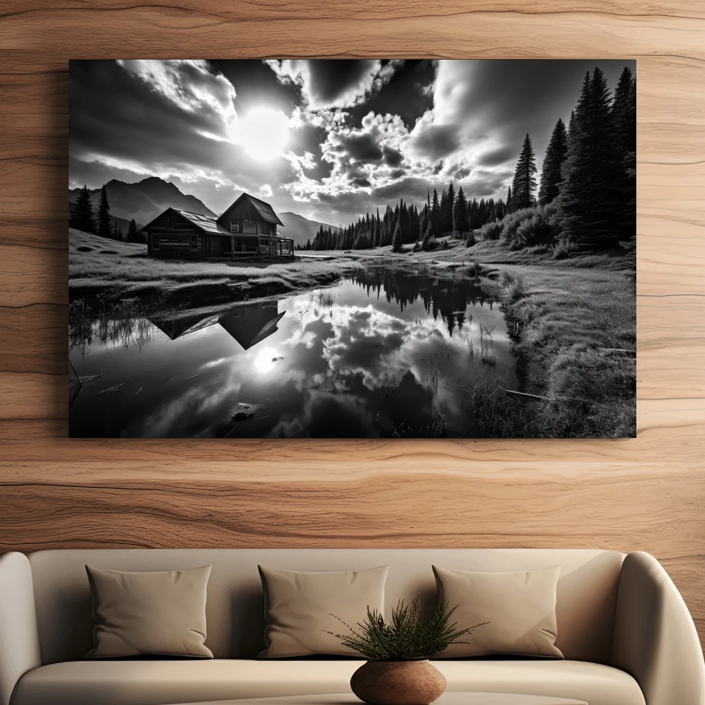 Black and white high contrast photograph of a cabin by the lake