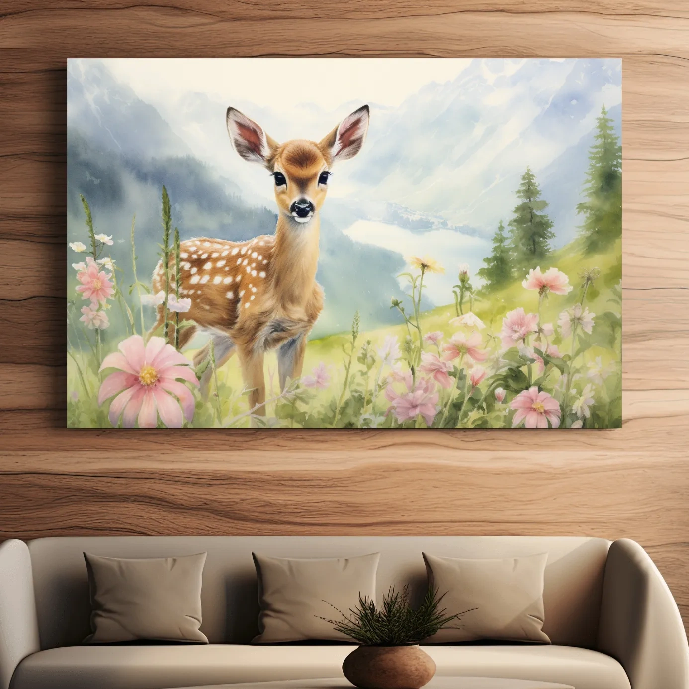 Painting of a deer fawn in the alpine meadows