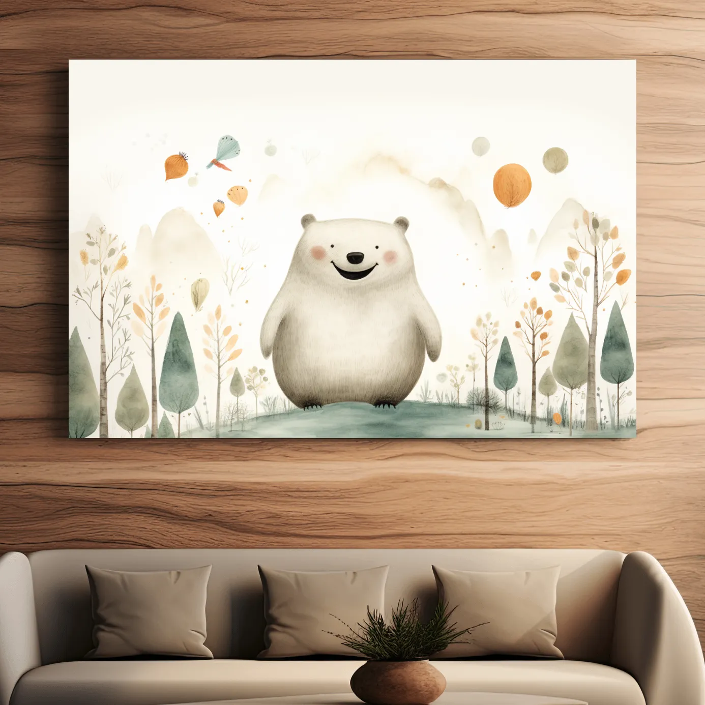 Storybook nursery art, happy bear in the forest