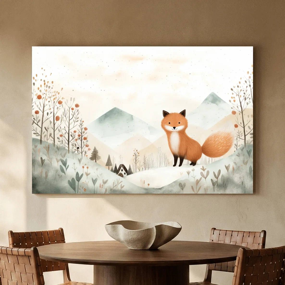 Whimsical Watercolor Fox In Pastel Mountains - Cute Nursery Animal Wall Art