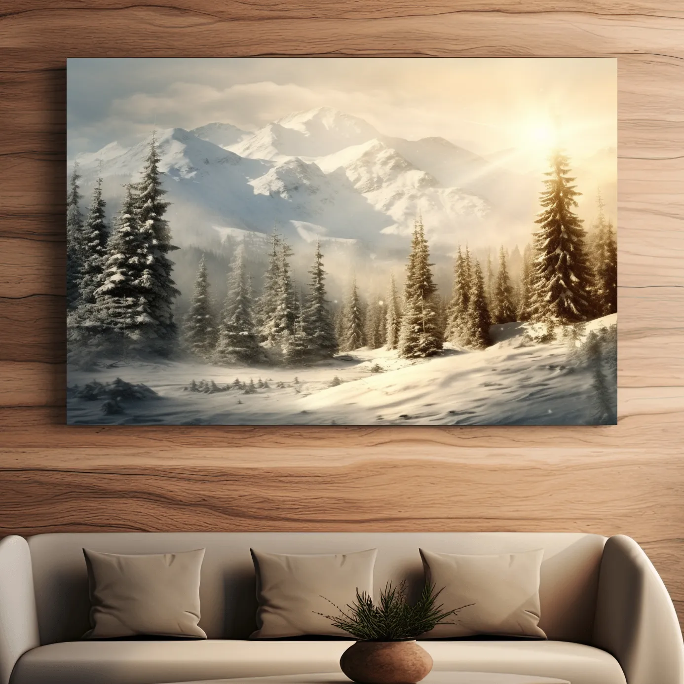Snow covered mountains at sunrise, realistic painting