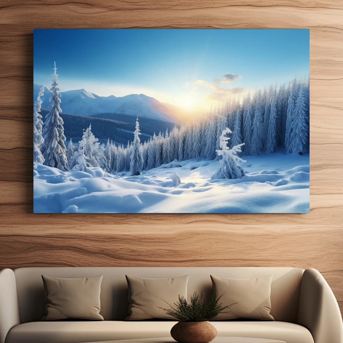 Snow covered alpine trees in the sun, photographic art