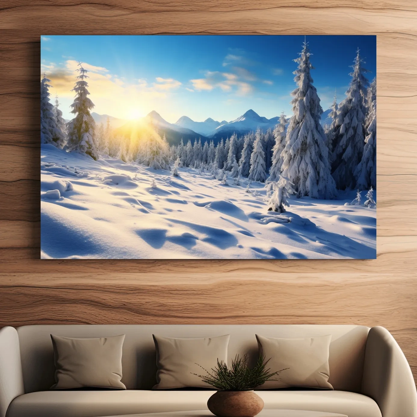 Snowy Sunrise Alpine Forest Landscape - Serene Photographic Nature Wall Art