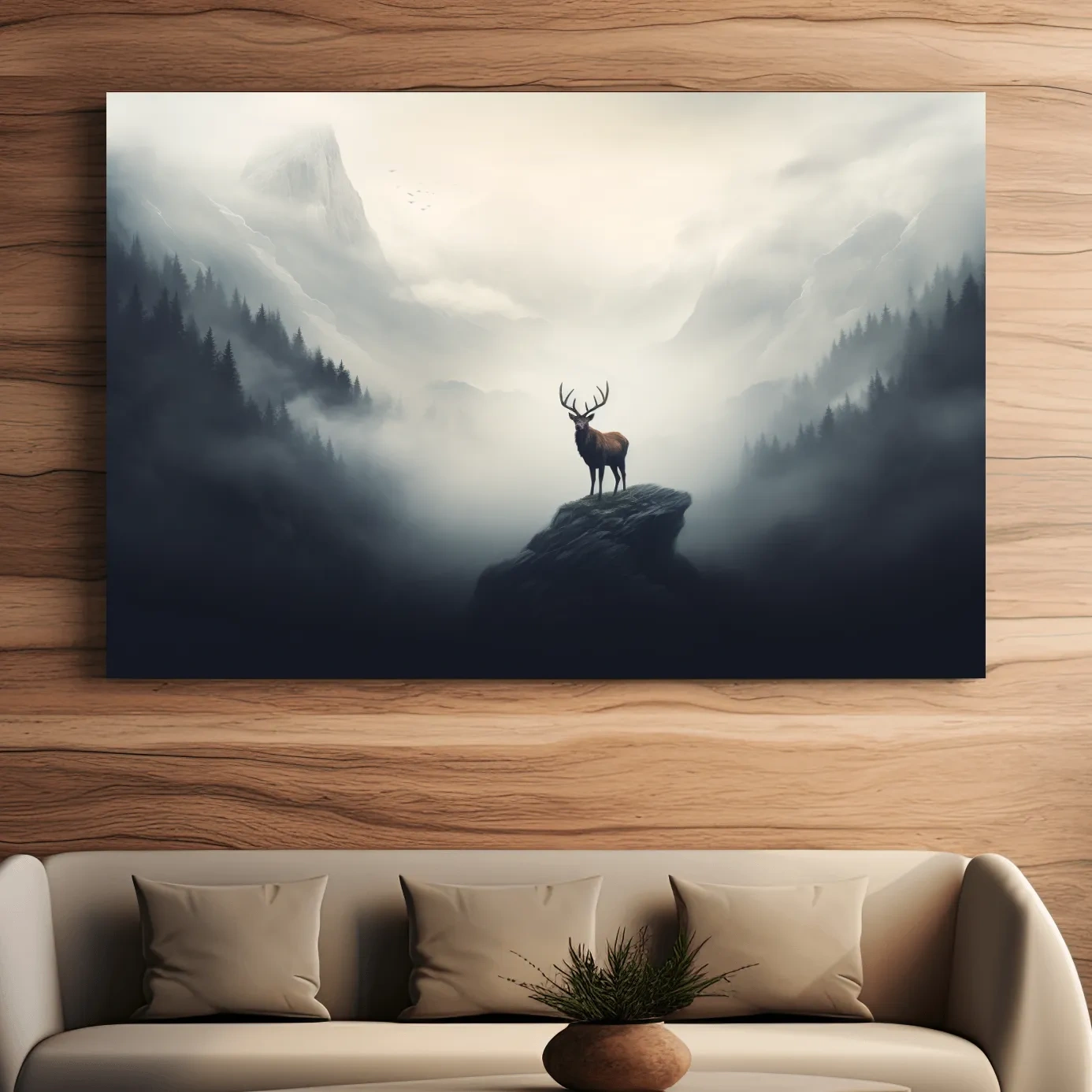 Painting of a majestic deer standing in the fog