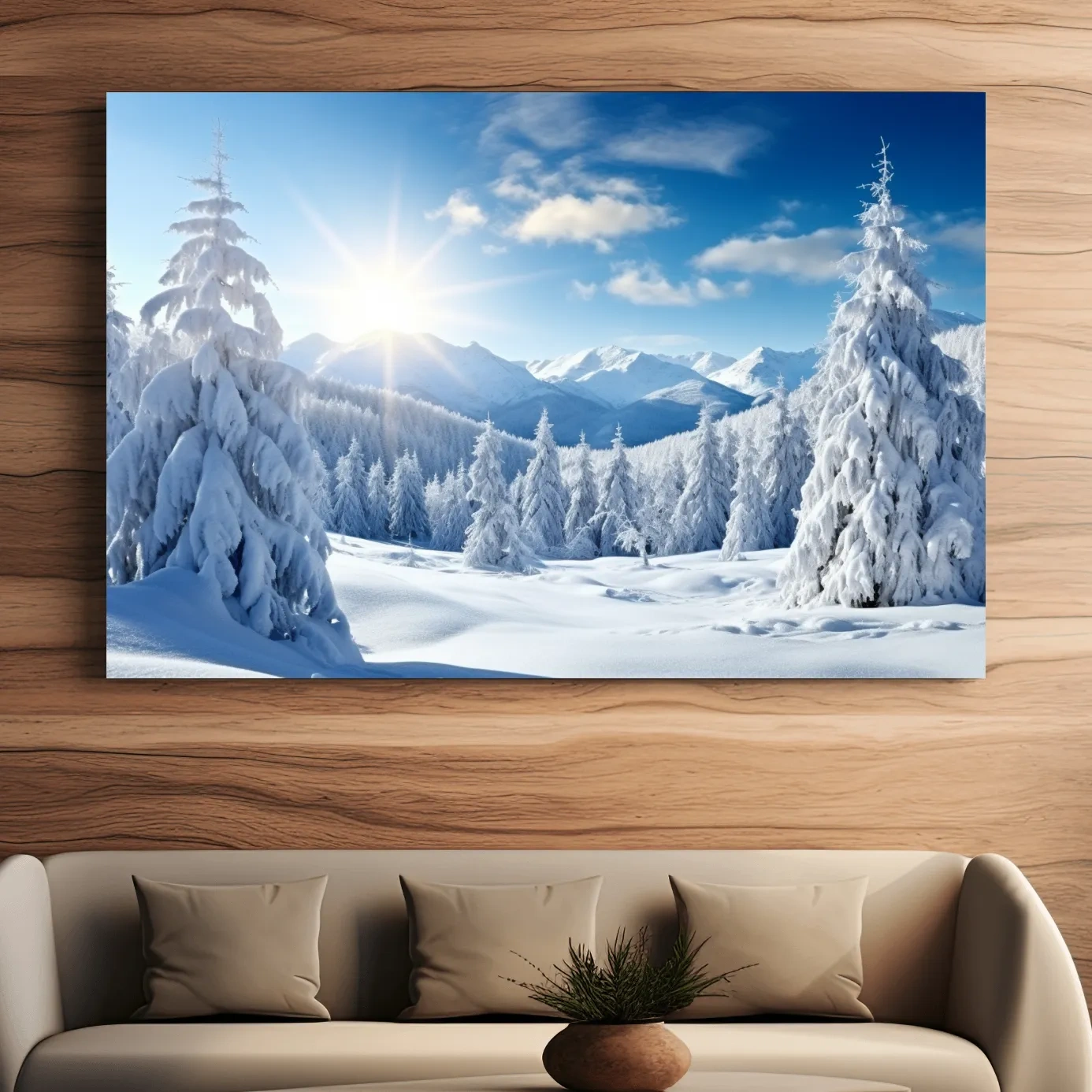 Sunlit Snowy Mountain Winter Landscape - Photographic Alpine Forest Wall Art