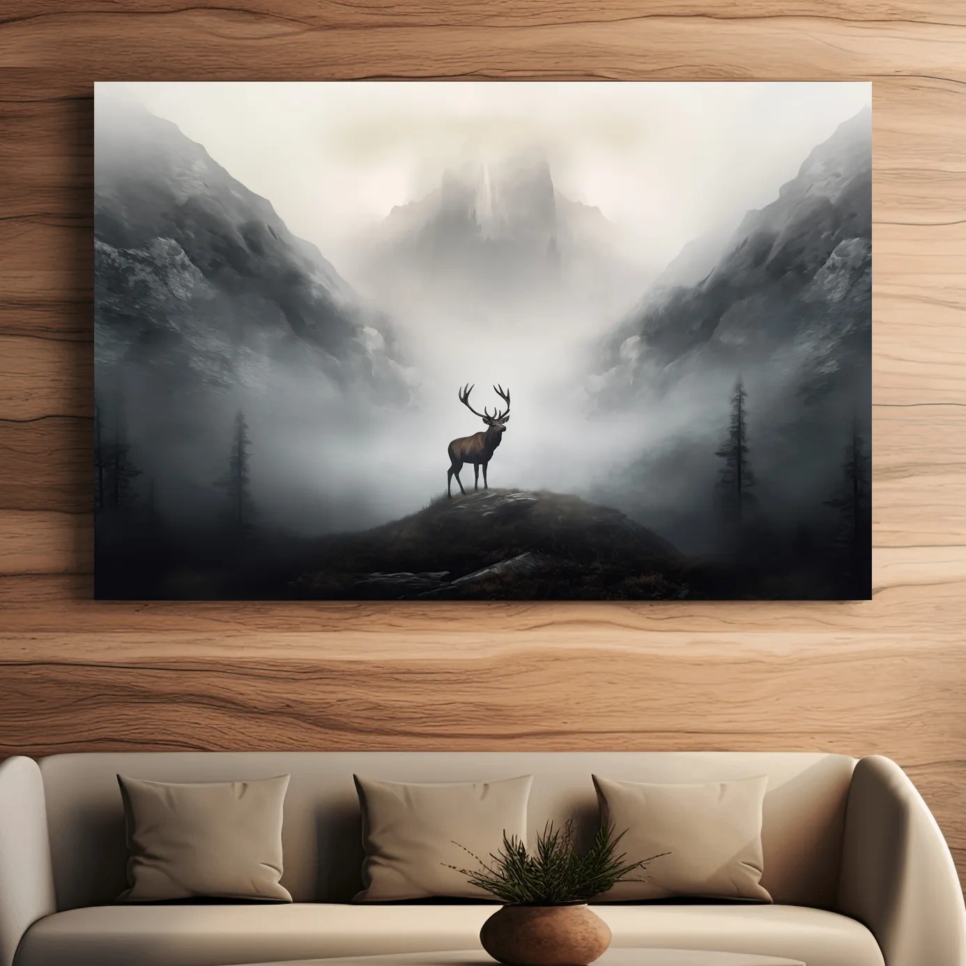 Painting of a majestic deer standing in the fog