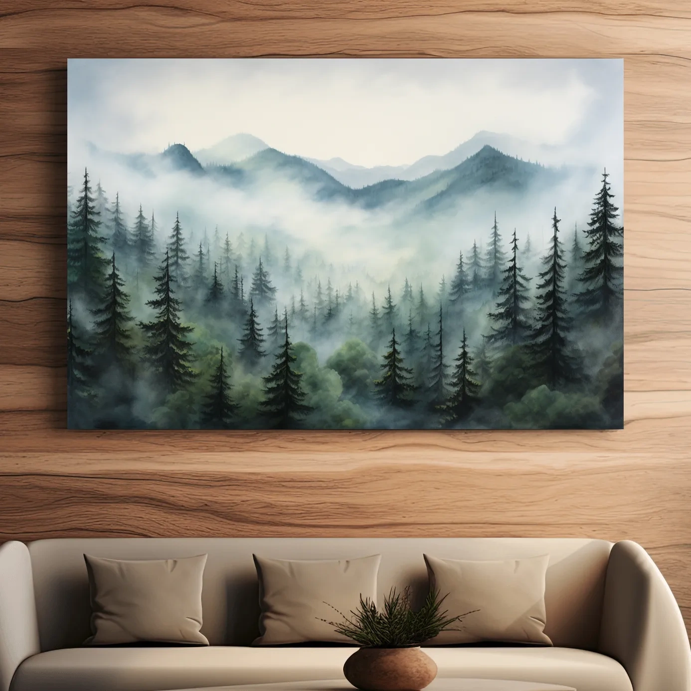 Misty Alpine Forest Painting - Foggy Mountain Landscape Art