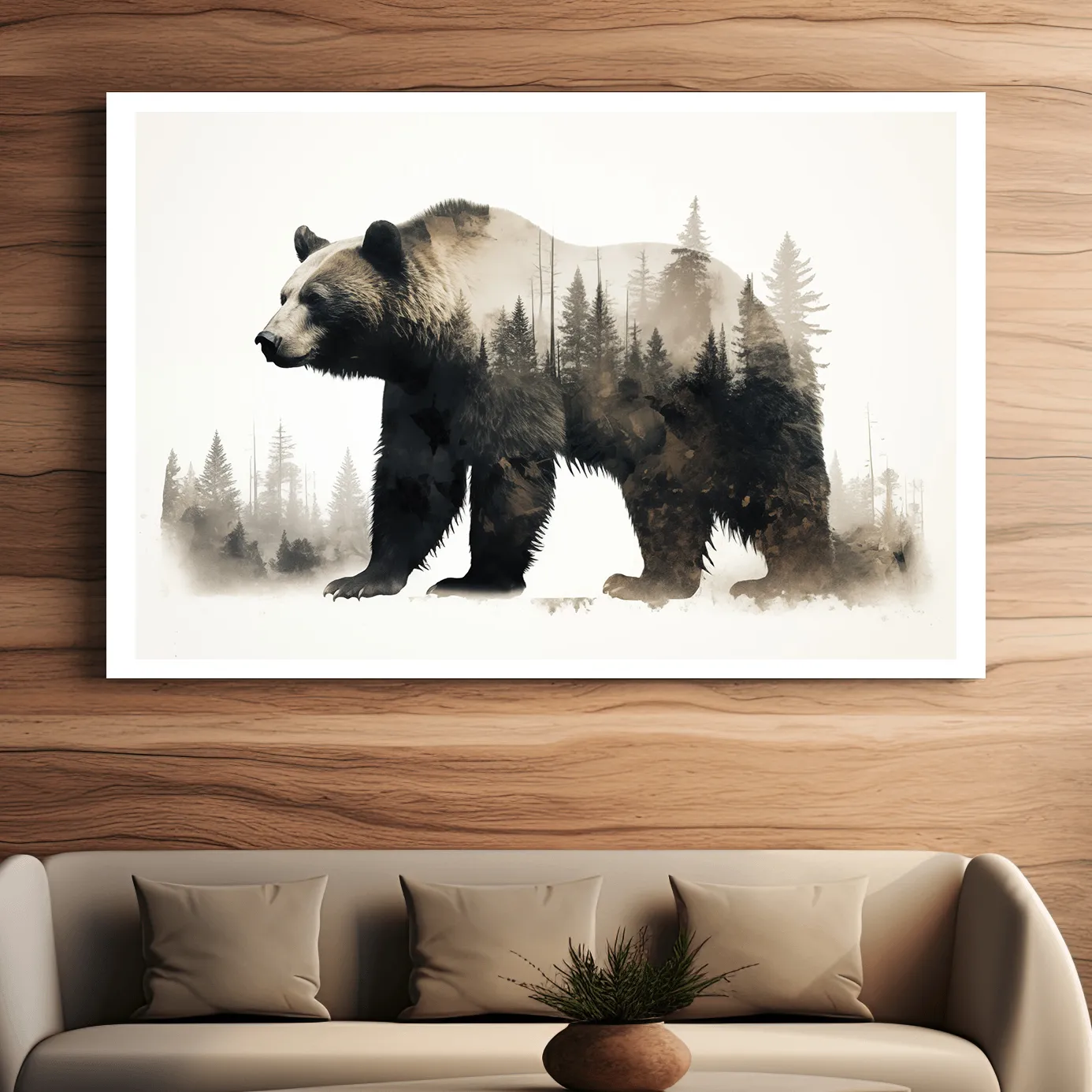 Double exposure artwork, a grizzly bear and a forest