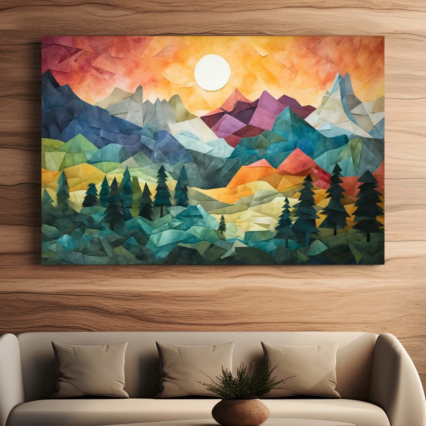 Abstract alpine mountain art at sunset, mixed media patchwork style