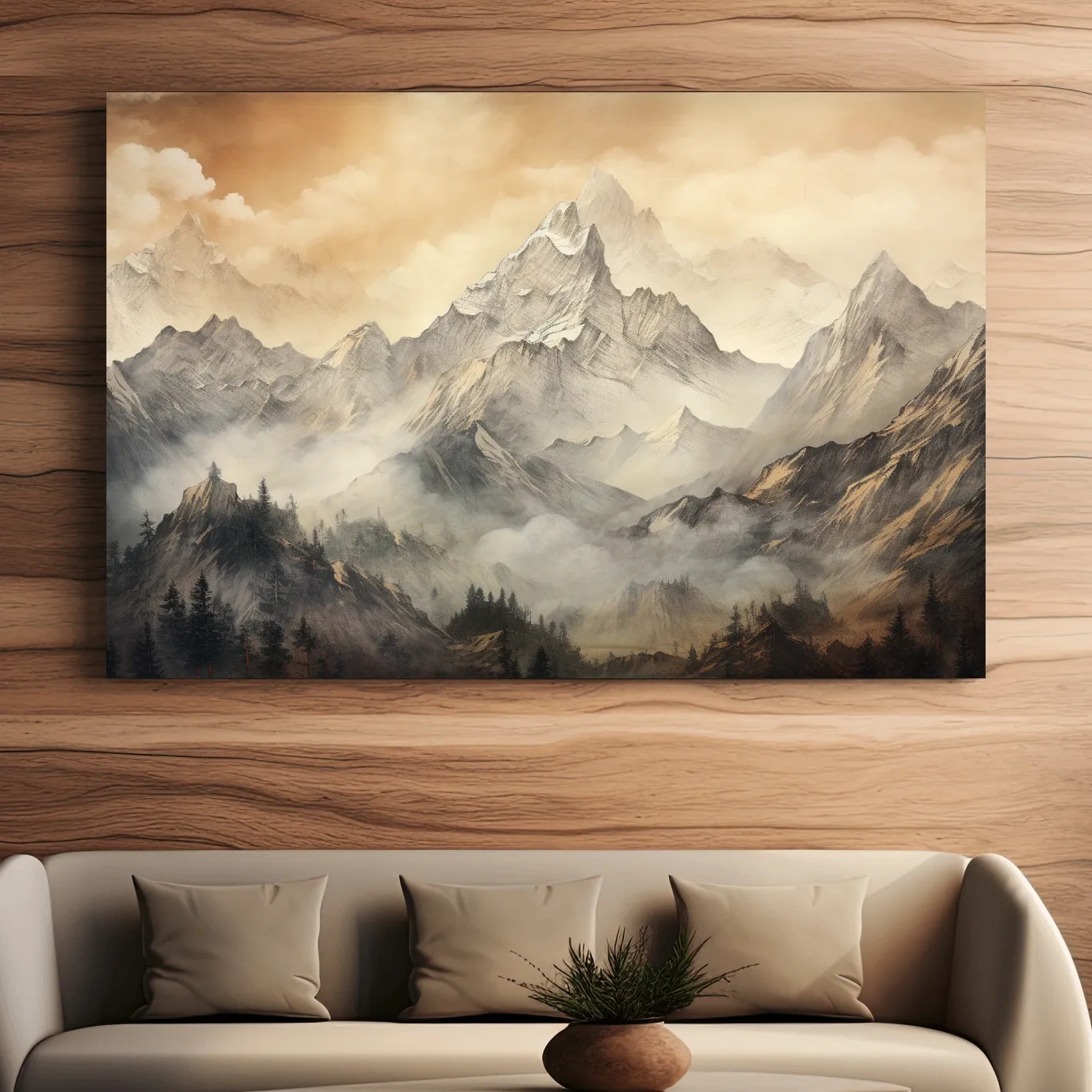 Alpine glacier scene at sunset, sketch style drawing artwork, high alpine landscape wall art