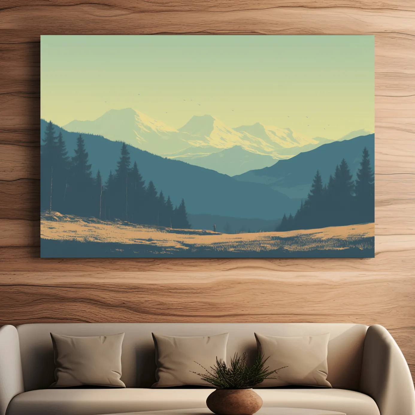 Pacific North West hazy glacier mountain scene, postcard style vector artwork