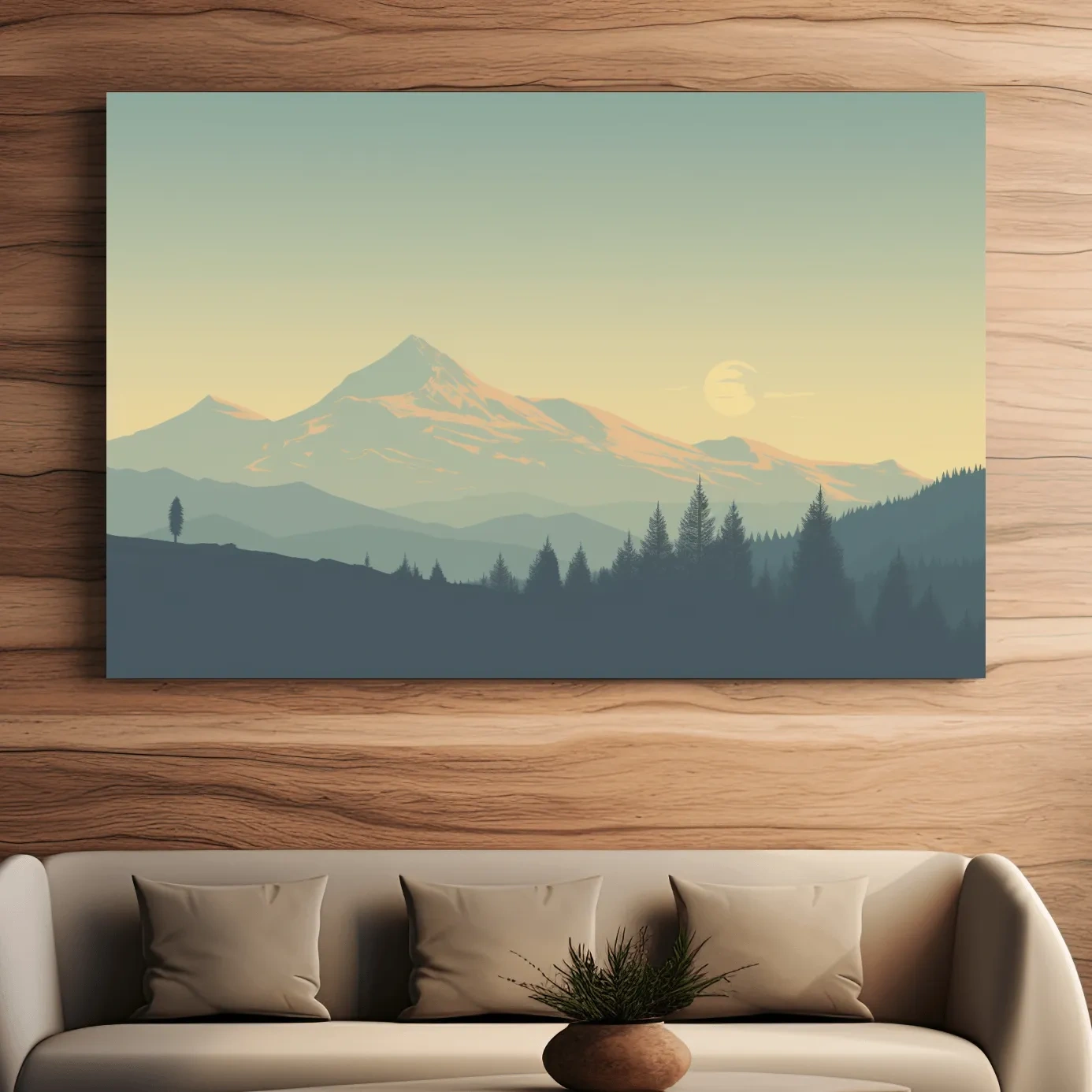 Dusk over the glacier, hazy forest silhouette vector illustration