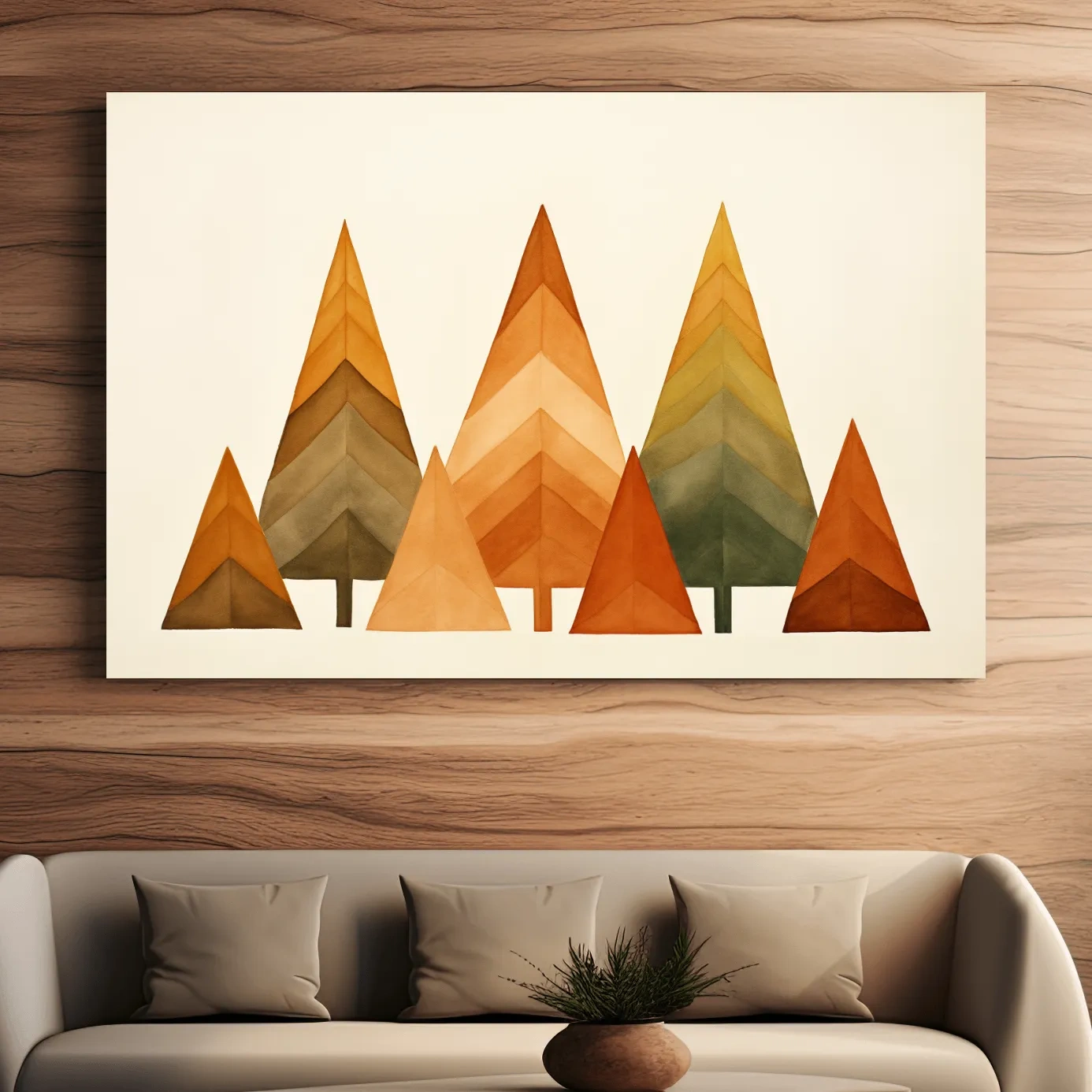 Bohemian style art, minimal forest, triangular trees