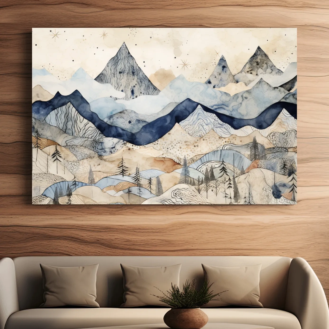 Surreal alpine mountain landscape art, patchwork style artwork