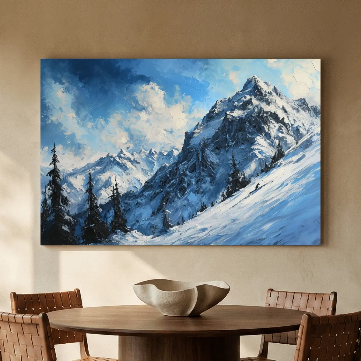 Alpine Snowy Peak Oil Painting - Moody Mountain Landscape Wall Art