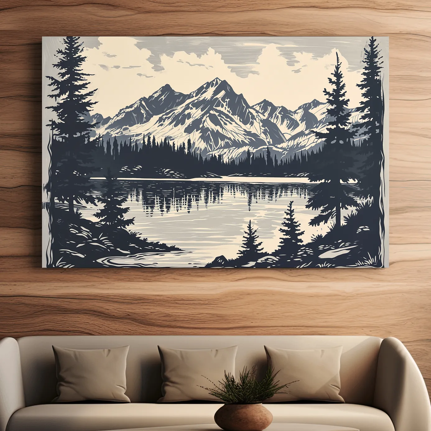 Alpine lake artwork, linocut style art