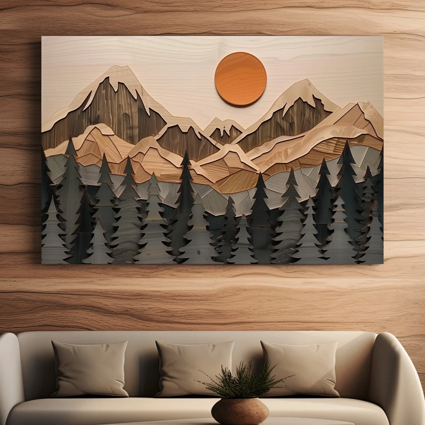 Mountain wood wall art, wood panel effect art