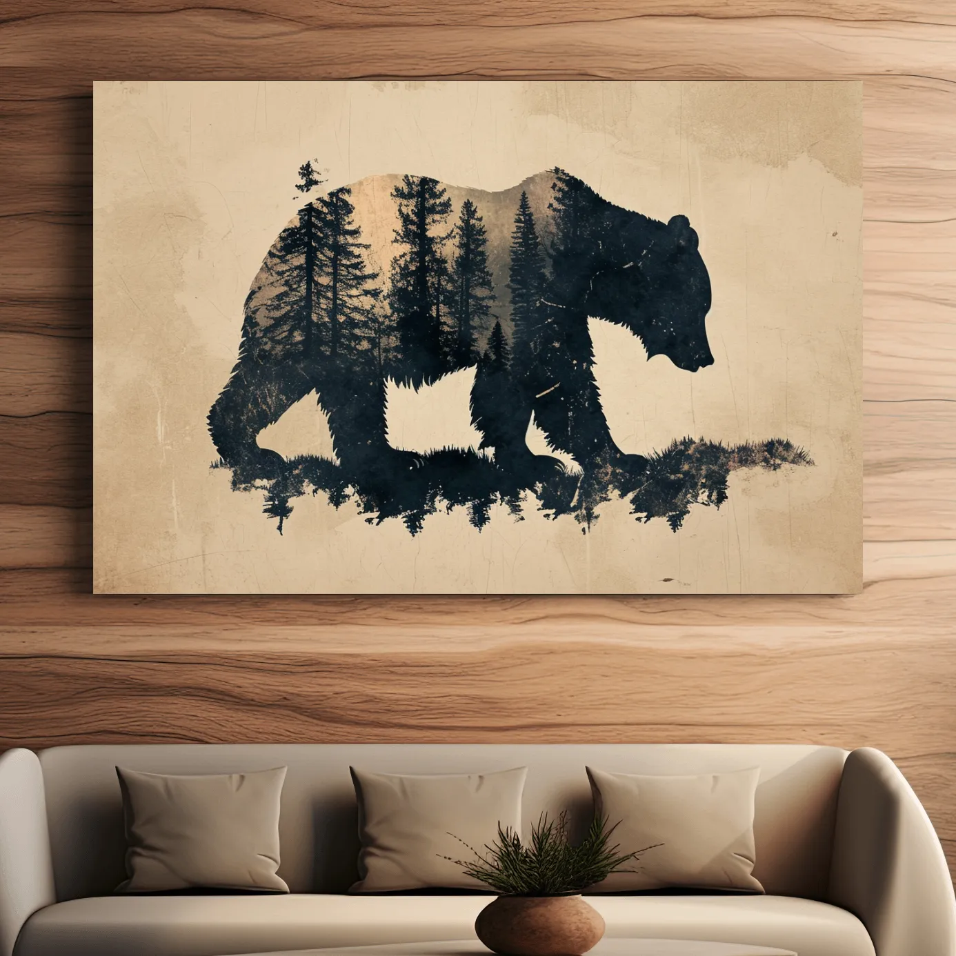 Vintage grizzly bear illustration artwork, double exposure sepia style