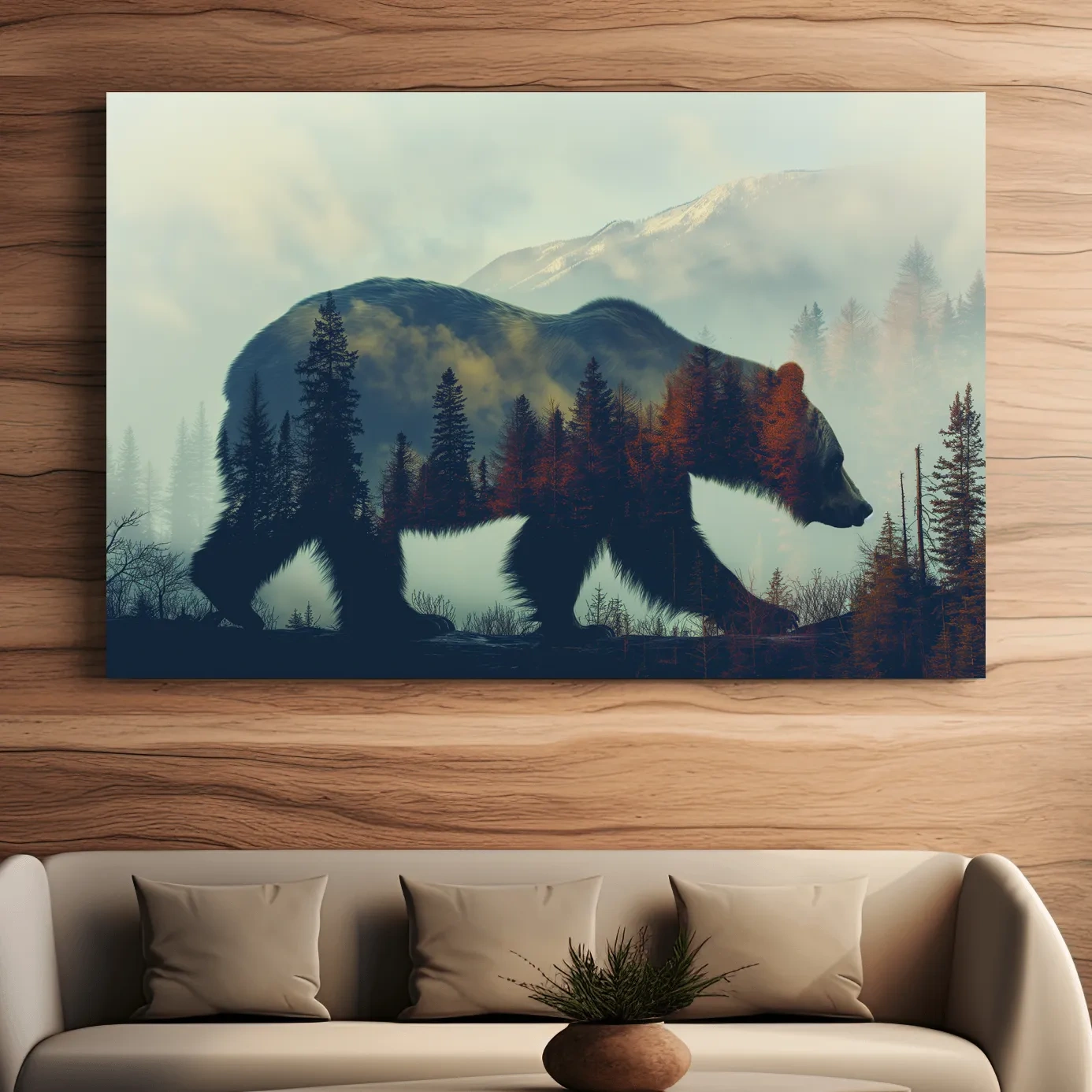 Moody Double Exposure Grizzly Bear Silhouette - Misty Pine Forest Mountain Wall Art