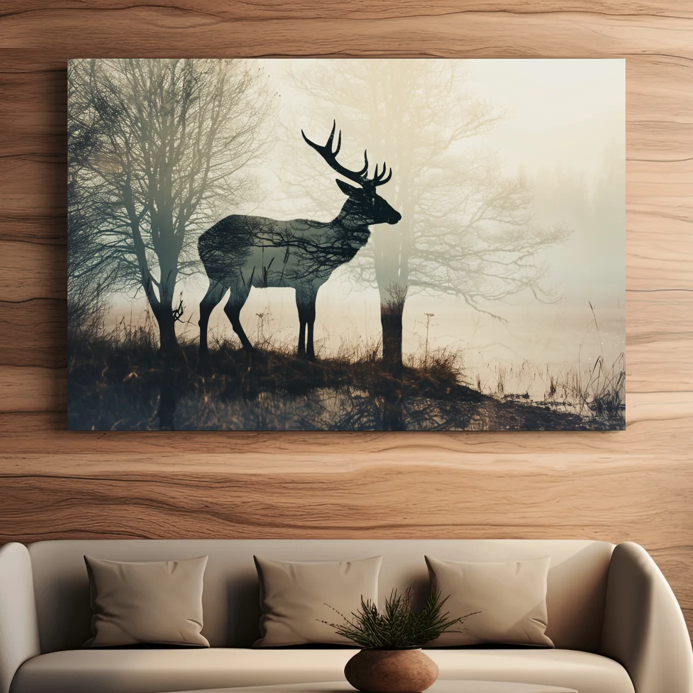 Misty Deer Silhouette Forest Landscape - Double Exposure Wildlife Photography Wall Art