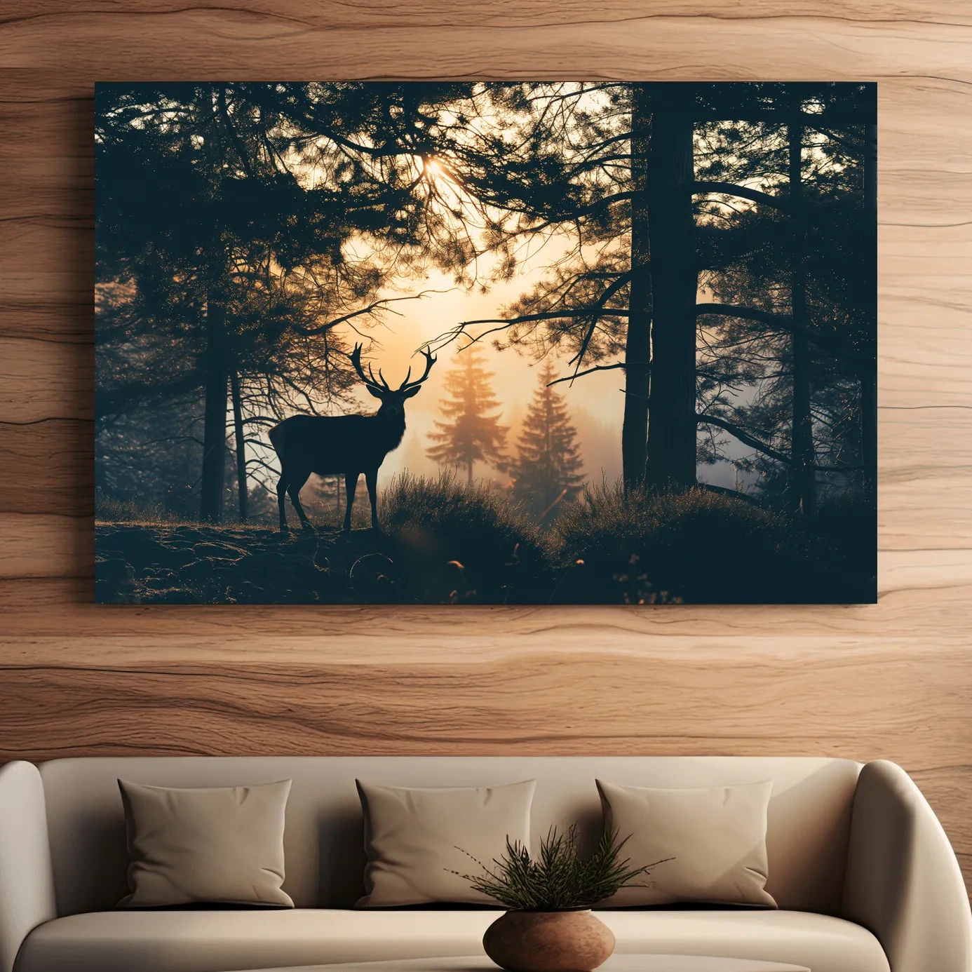Moody Deer Silhouette In Misty Pine Forest - Golden Sunrise Wildlife Wall Art