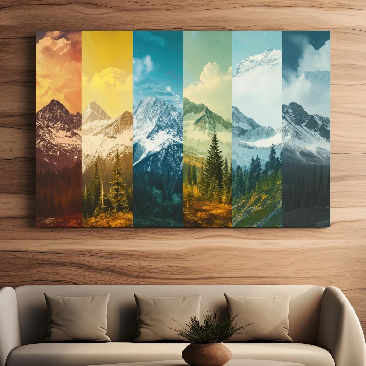 Changing of seasons, alpine forest and glacier art, split panel artwork