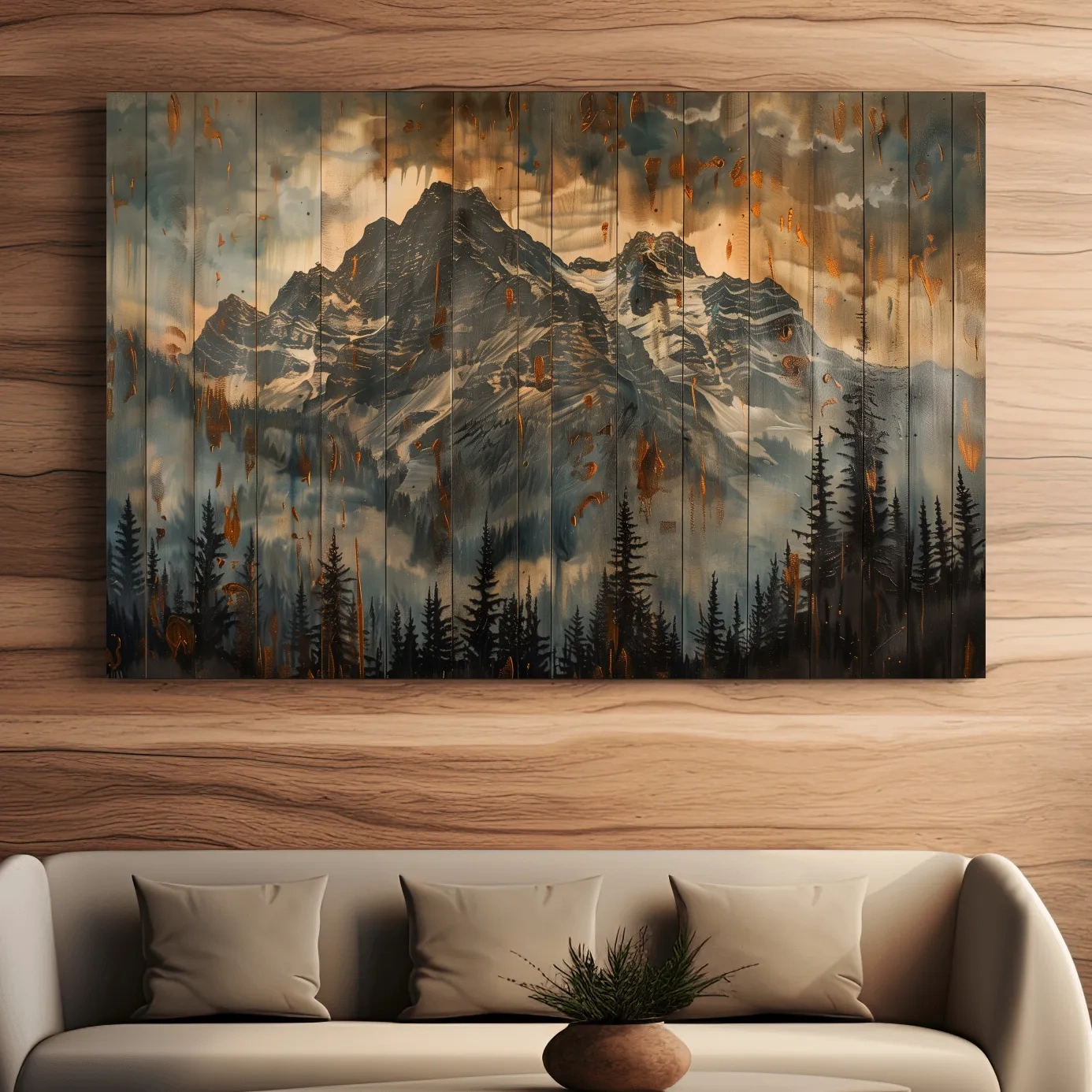 Rustic Mountain Range Painting - Alpine Forest Wood Panel Wall Art
