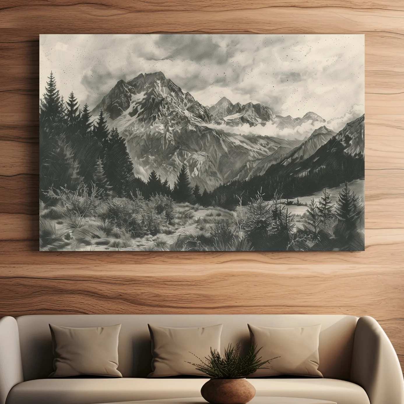 Monochrome Alpine Meadows Mountain Range - Vintage Sketch Landscape Wall Art
