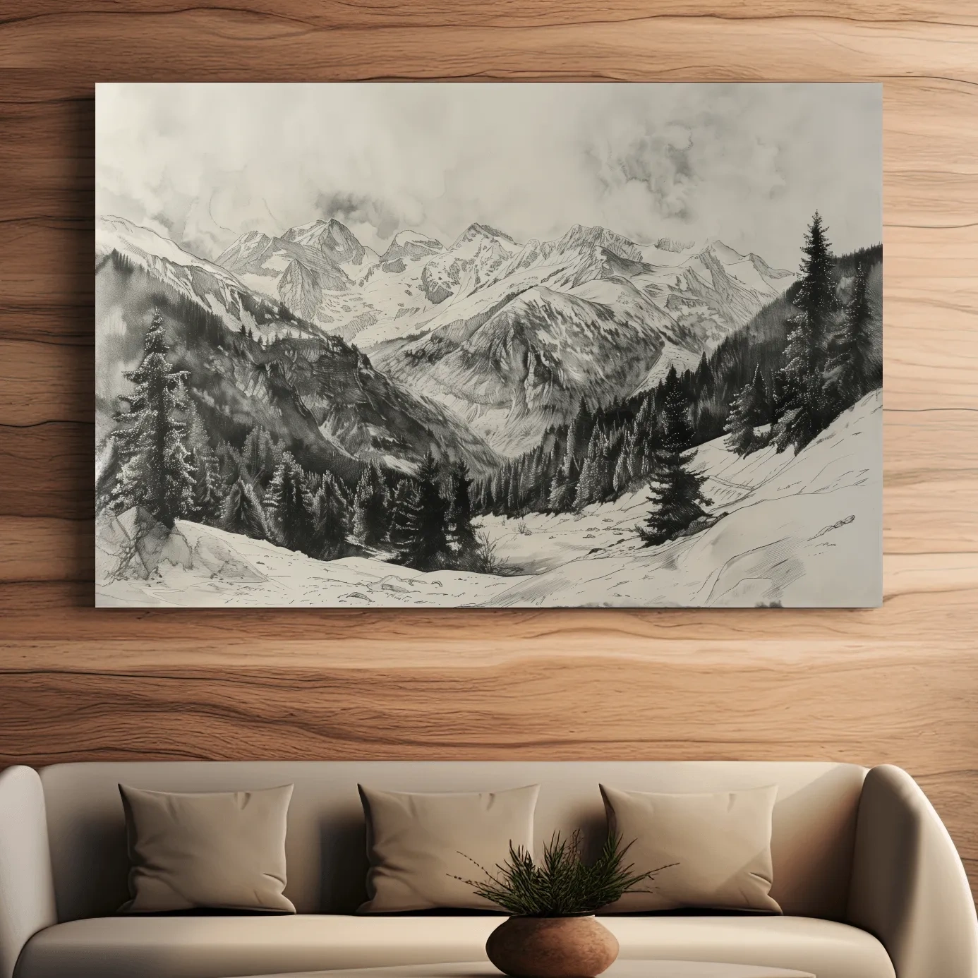 Lead pencil drawing, alpine forest and glacier mountain artwork