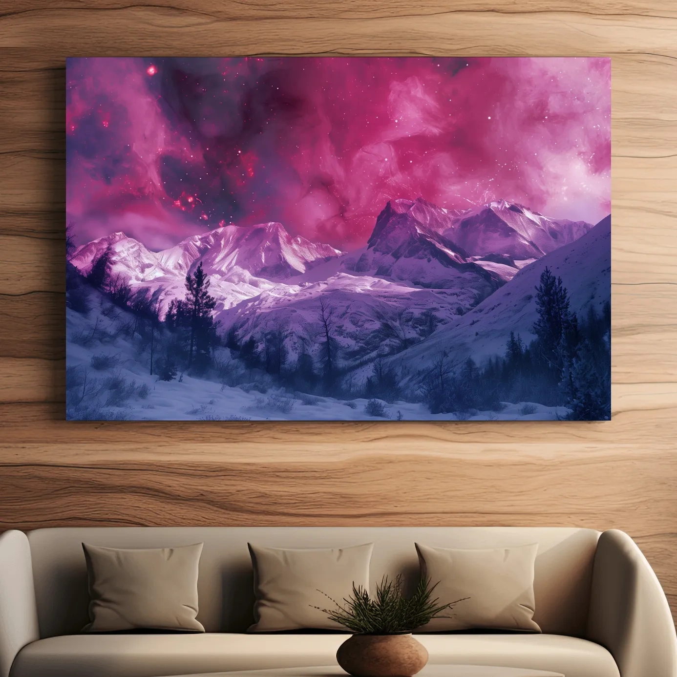 Beautiful pink and purple nebula galaxy sky over snowy glacier mountains, surreal fantasy art style