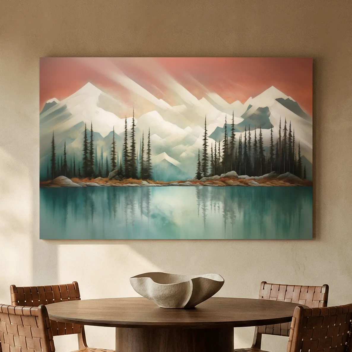 Abstract Alpine Lake Landscape Painting - Serene Pine Forest Mountain Wall Art
