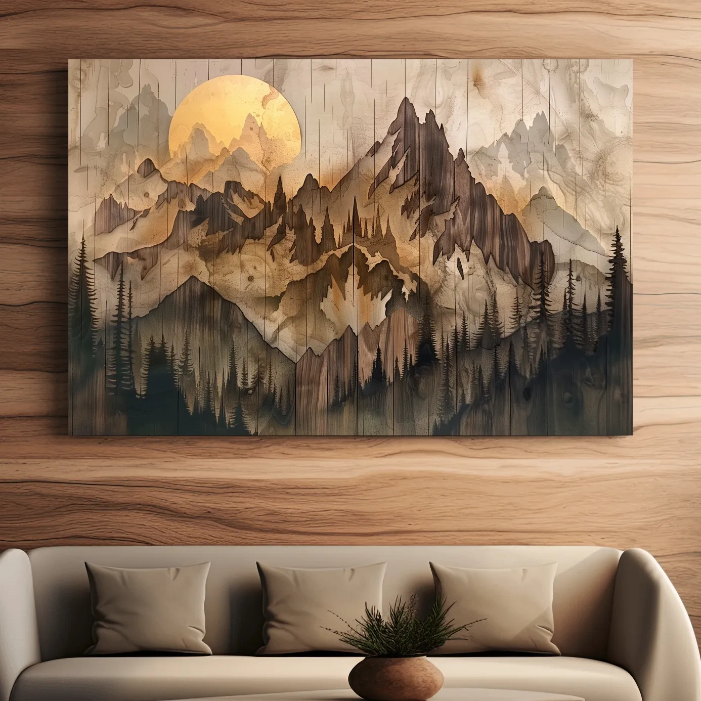 Rustic Sepia Mountain Sunrise Landscape - Vintage Wood Grain Watercolor Artwork