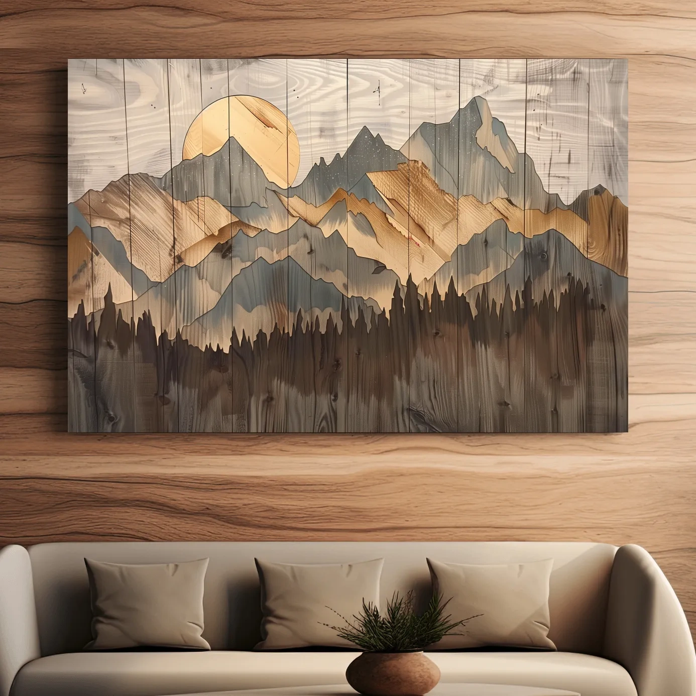 Rustic Mountain Range Sunrise - Woodgrain Style Forest Wall Art