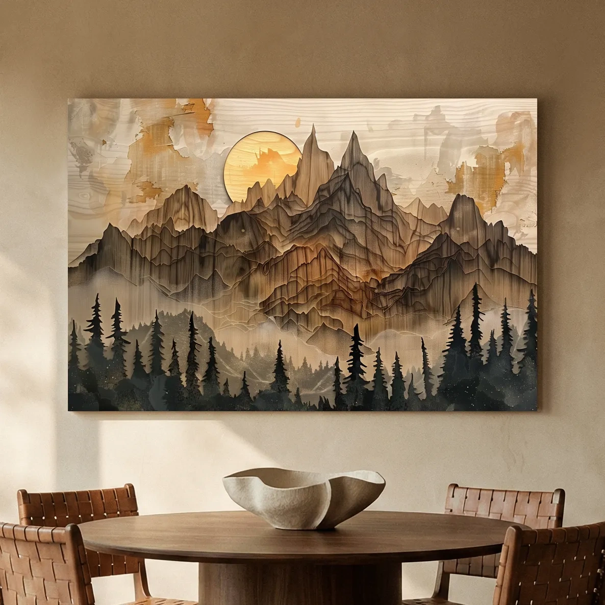 Rustic Mountain Sunset Landscape - Woodcut Style Alpine Wall Art