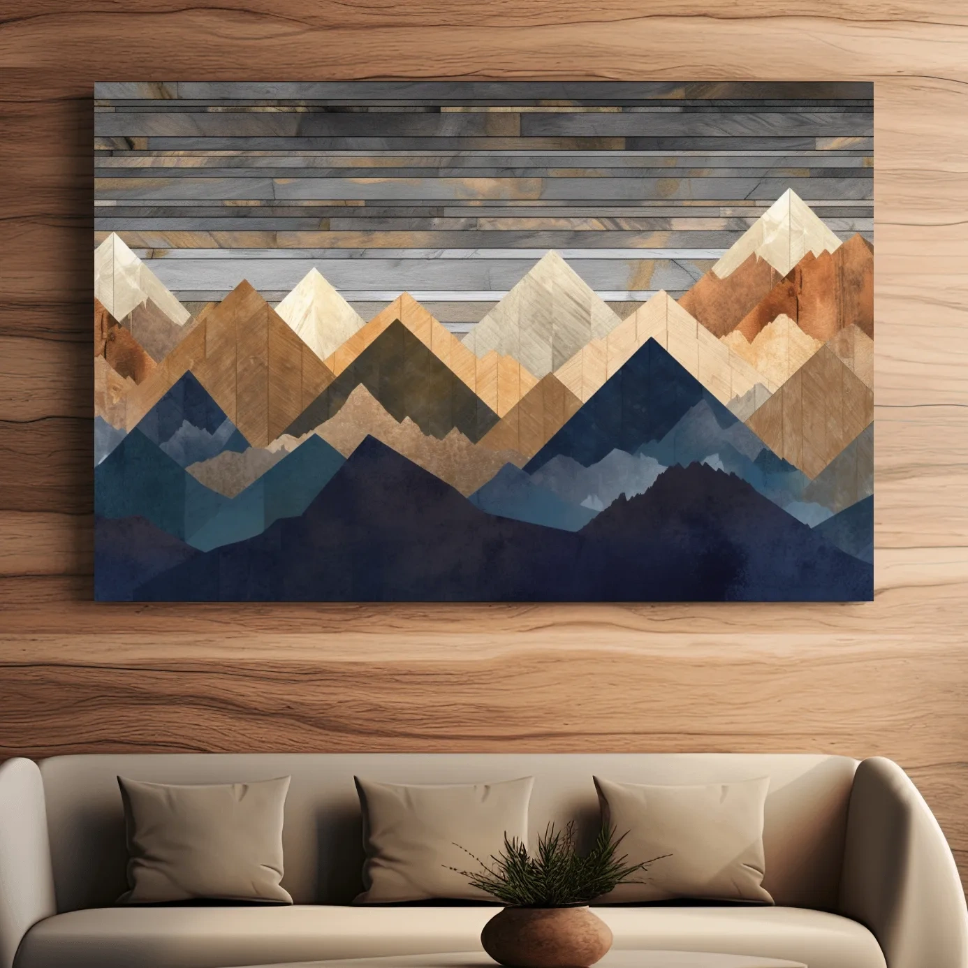 Geometric Layered Mountain Peaks - Rustic Wood Texture Abstract Wall Art