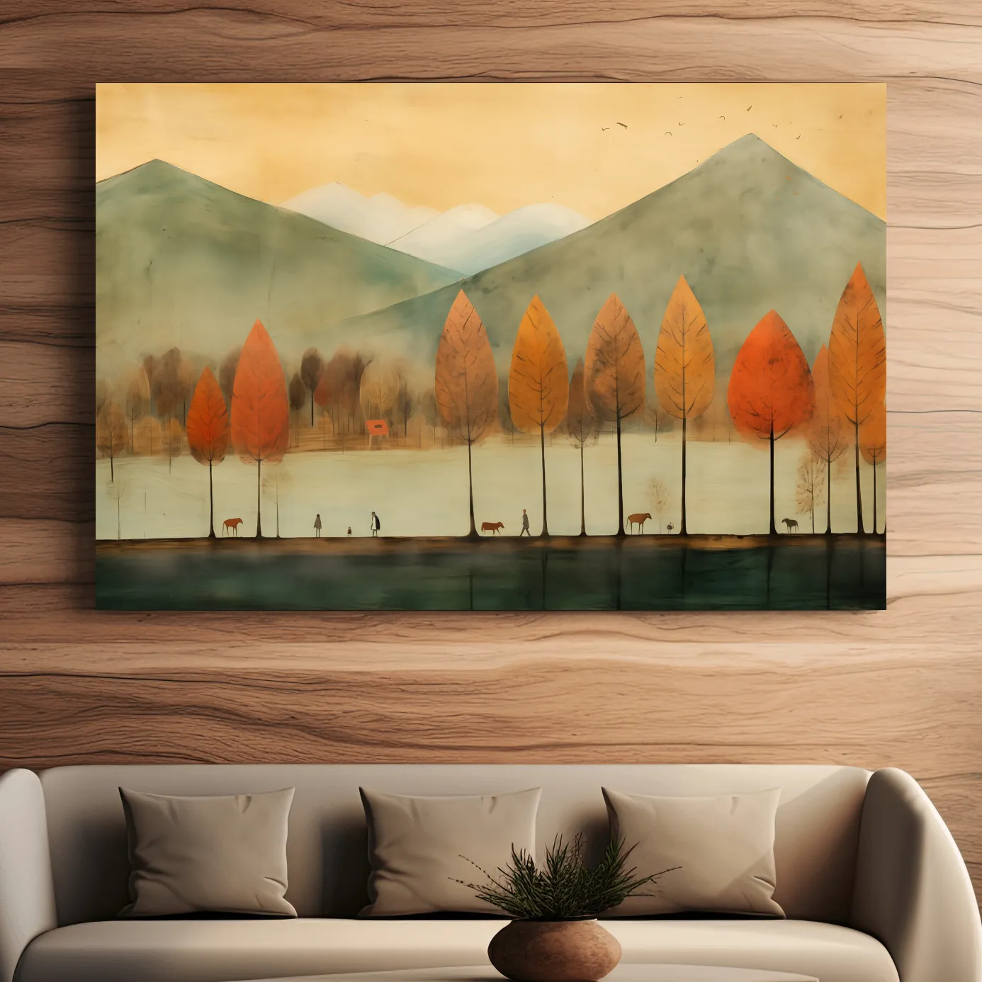 Textured painting of characters on a treelined lake in fall