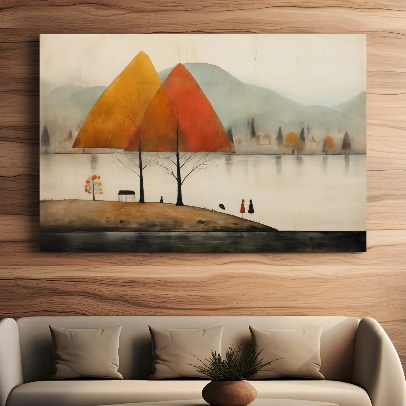 Quirky painting of a lakeside mountain scene in fall