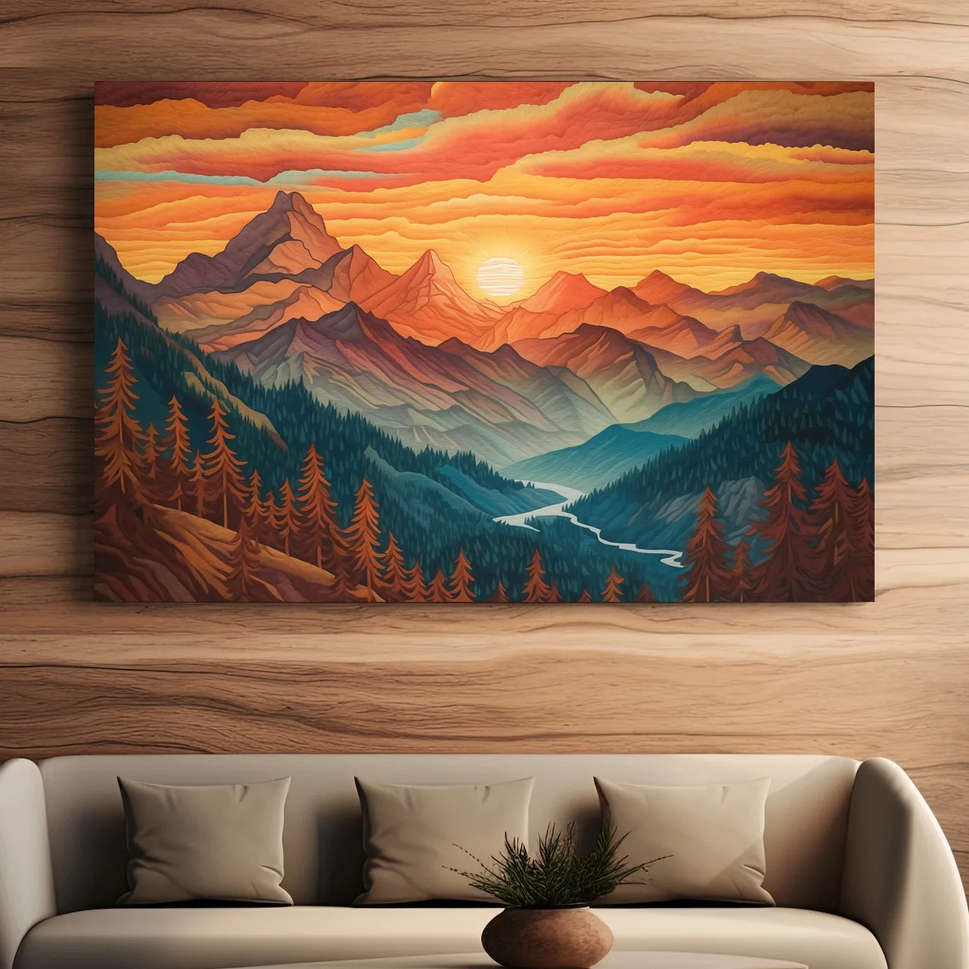 Textured effect artwork of a mountain landscape at sunset