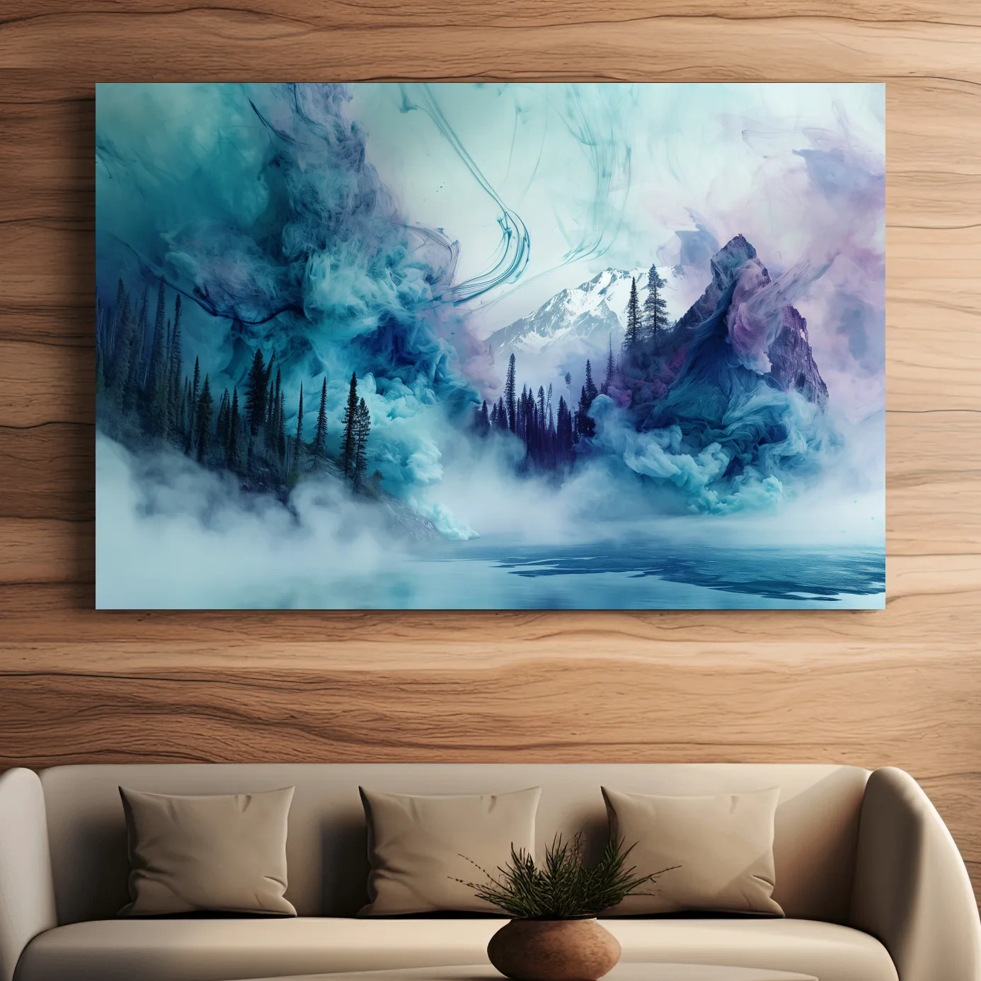 Abstract mountain painting, fog swirling through an alpine lake
