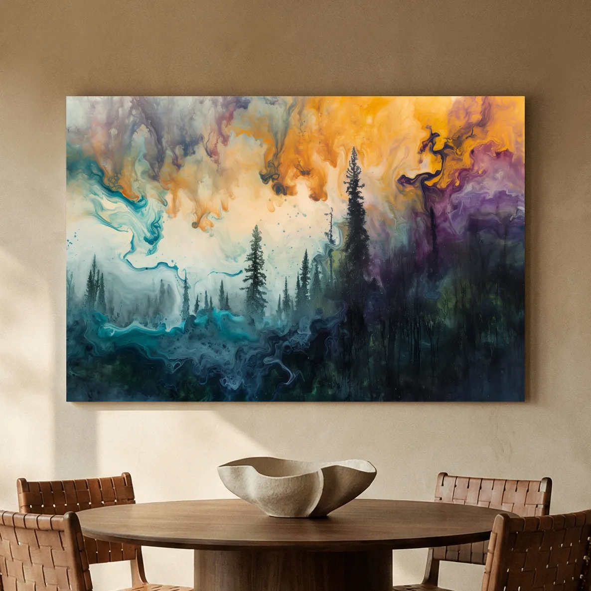 Vibrant Abstract Forest Smoke Swirls - Fluid Acrylic Style Wall Art