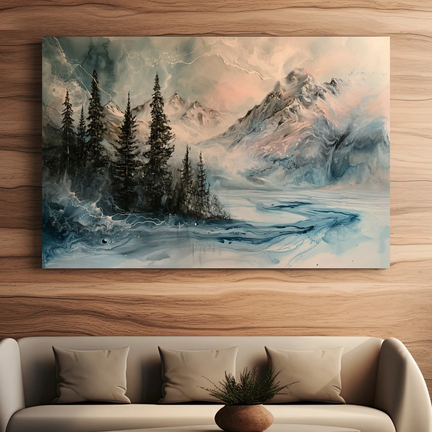 Ethereal Mountain Lake Alpine Forest - Moody Abstract Alcohol Ink Wall Art