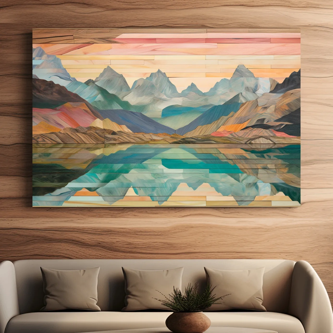 Wooden panel style alpine lake and mountain artwork