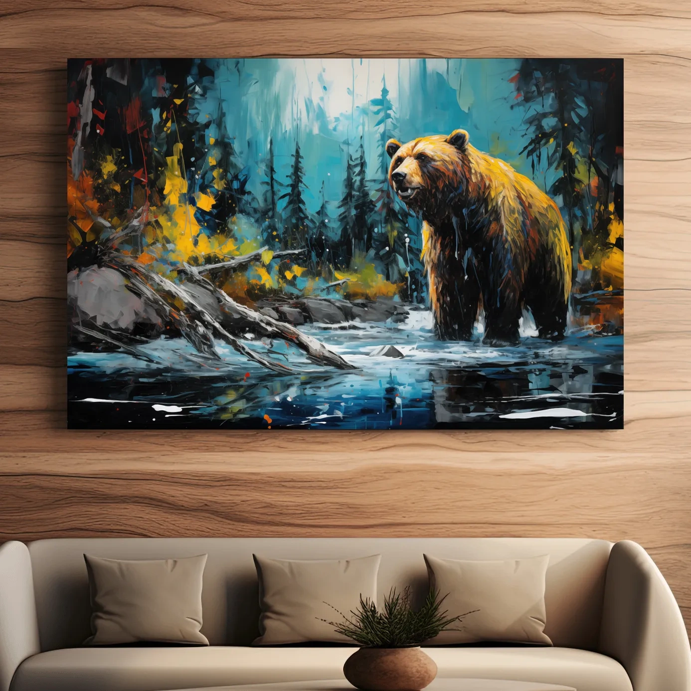 Grizzly Bear Forest River Painting - Vibrant Wildlife Nature Wall Art