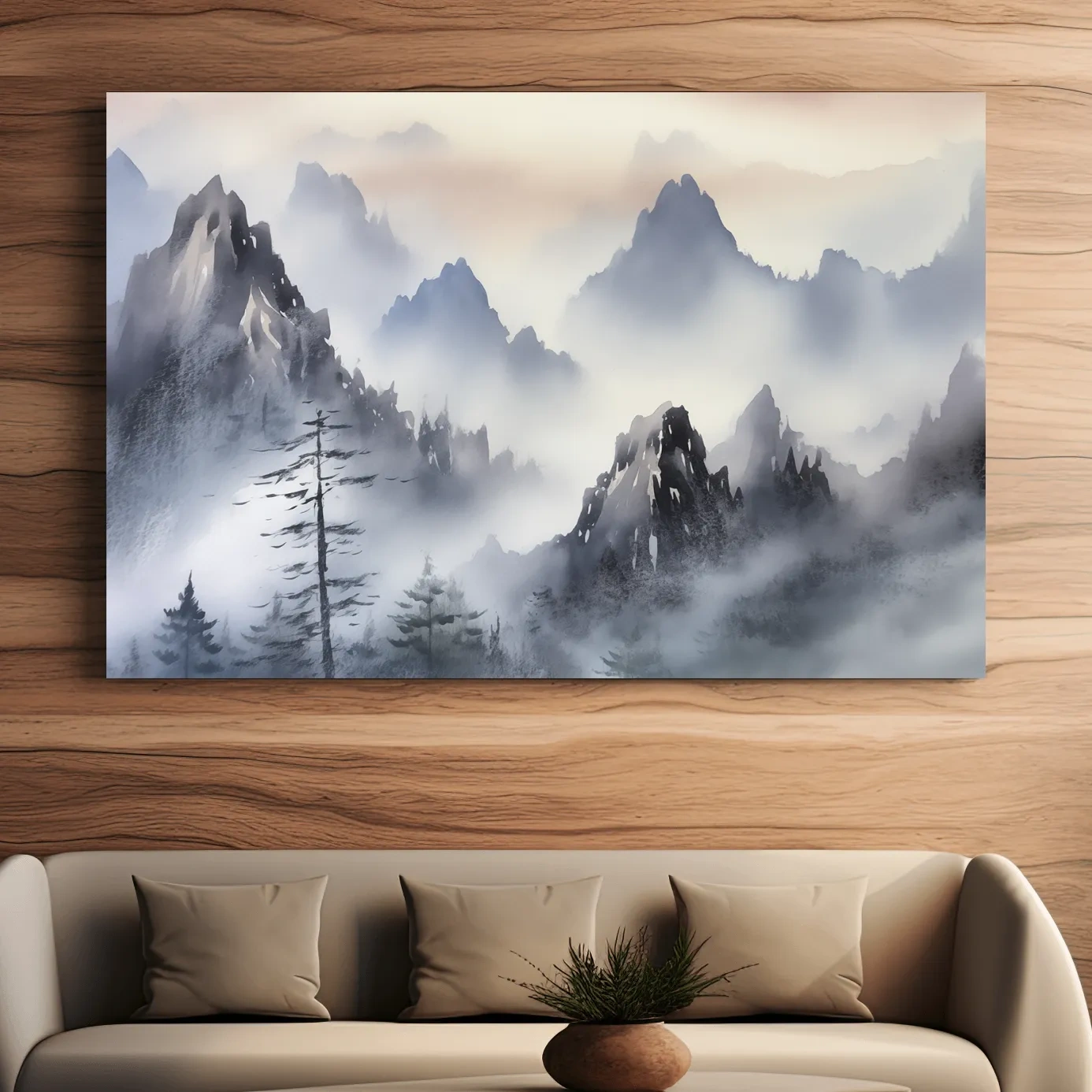 Chinese traditional ink wash style watercolour painting of foggy mountains