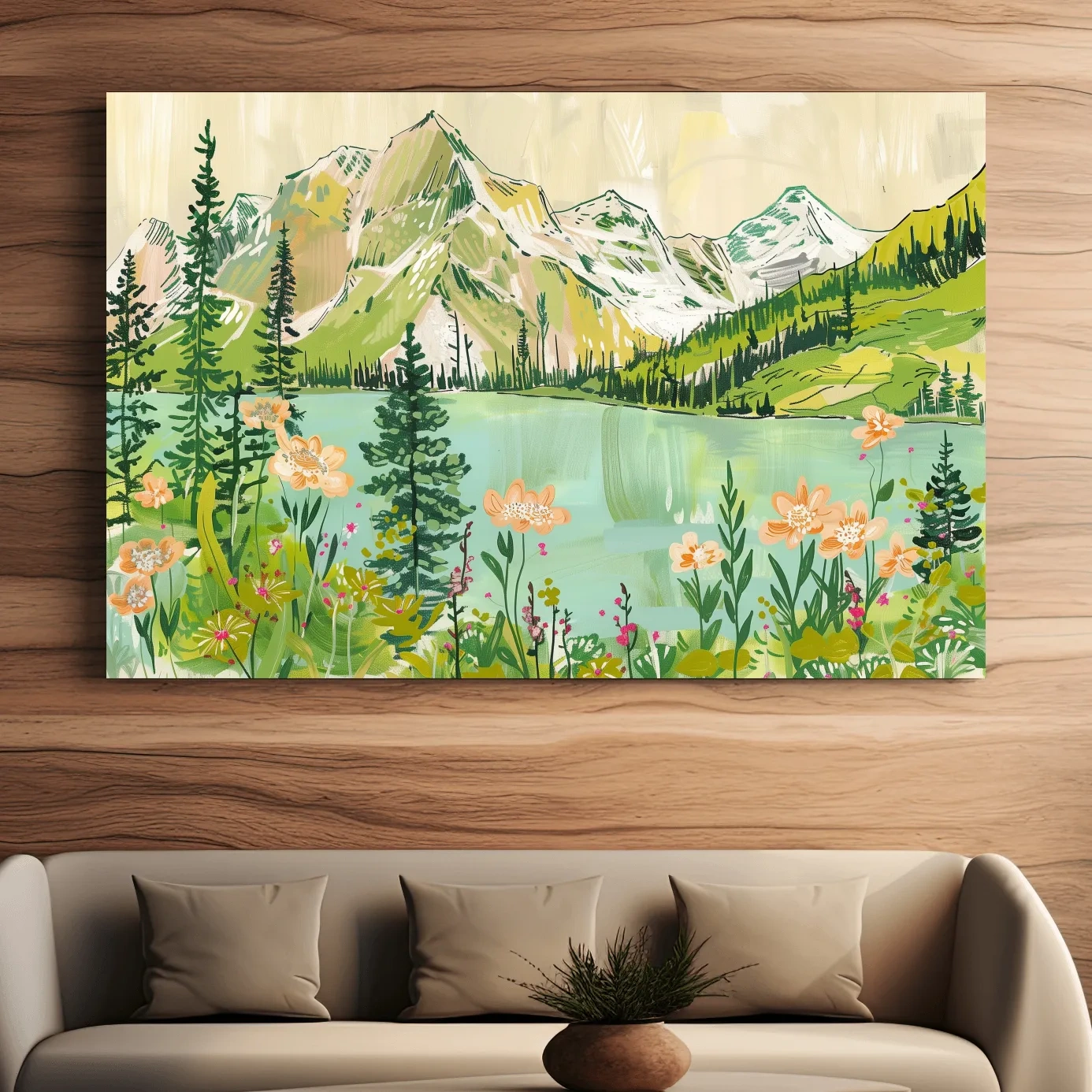 Alpine lake and mountains artwork, stylized painting style