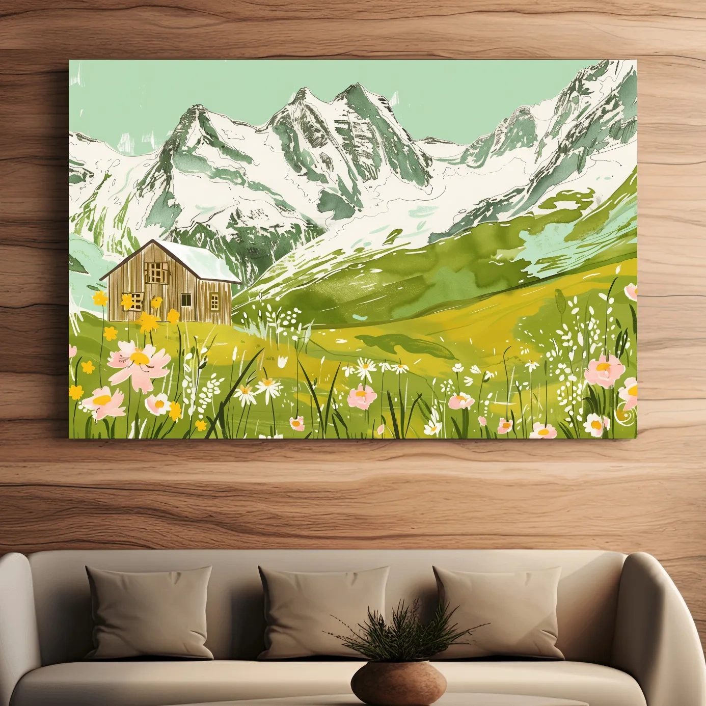 Alpine cabin artwork, flowers and glacier, stylized sketch painting style