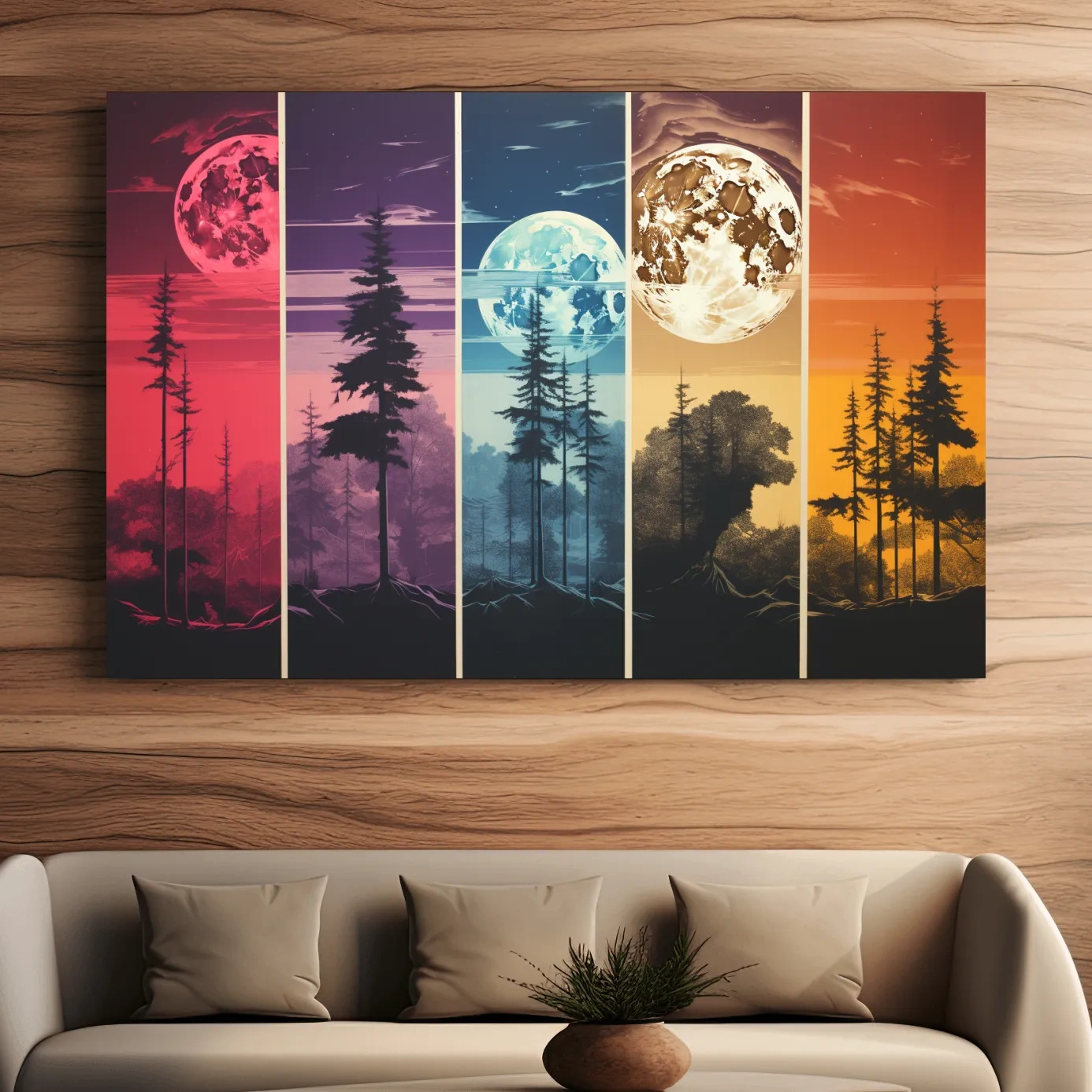 Multipanel colorful treeline under the moonlit sky, risograph style artwork