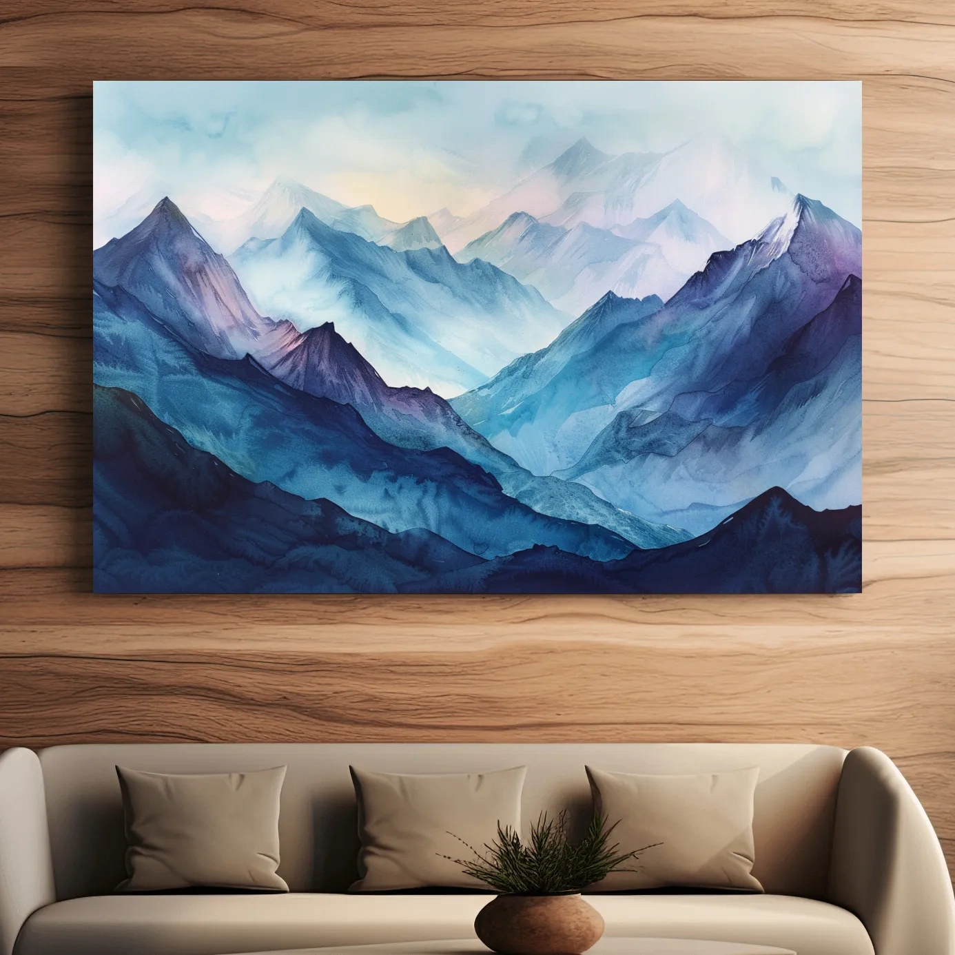 Watercolour mountain painting, colourful mountain landscape artwork