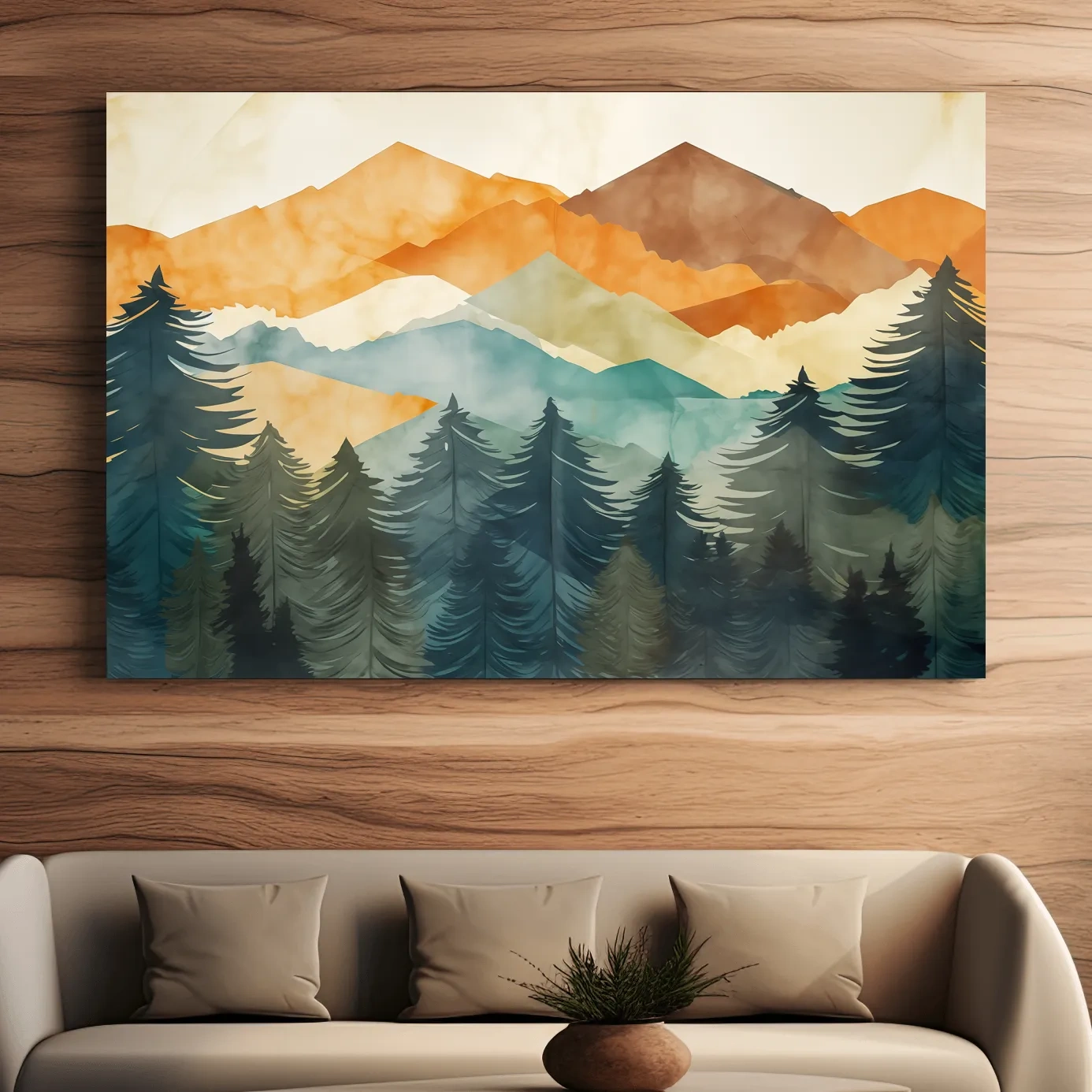 Abstract watercolor painting, mountains and forest